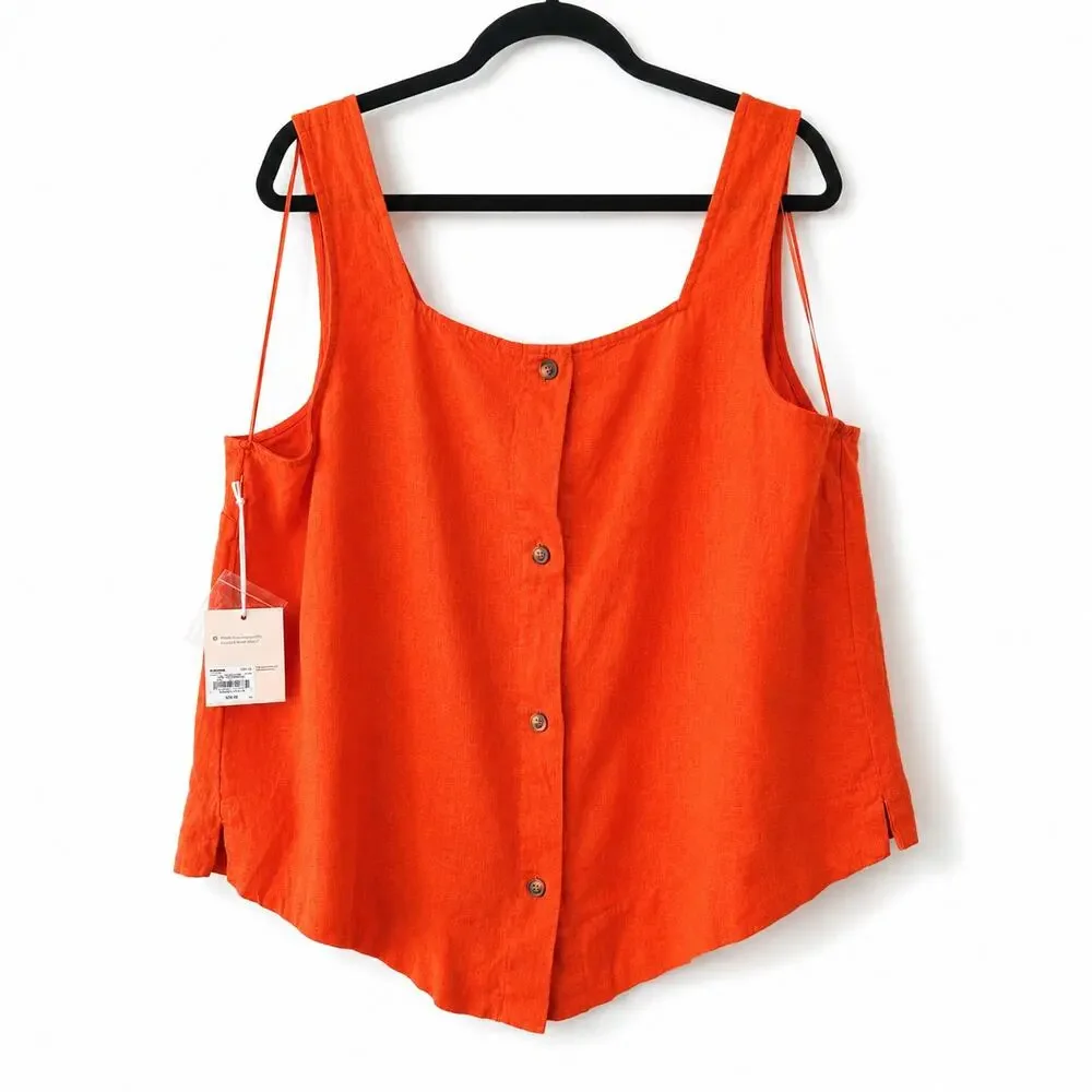 NWT LC Lauren Conrad Linen Blend Tank Top Red Orange Square Neck Button Back 1X